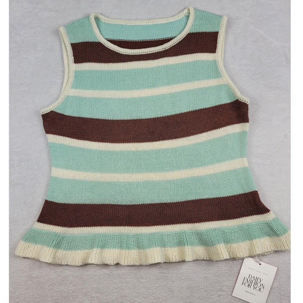 Tankaneo Cyan Blue Striped Ruffle Hem Knit Sleeveless Top N8Y004 Large NEW